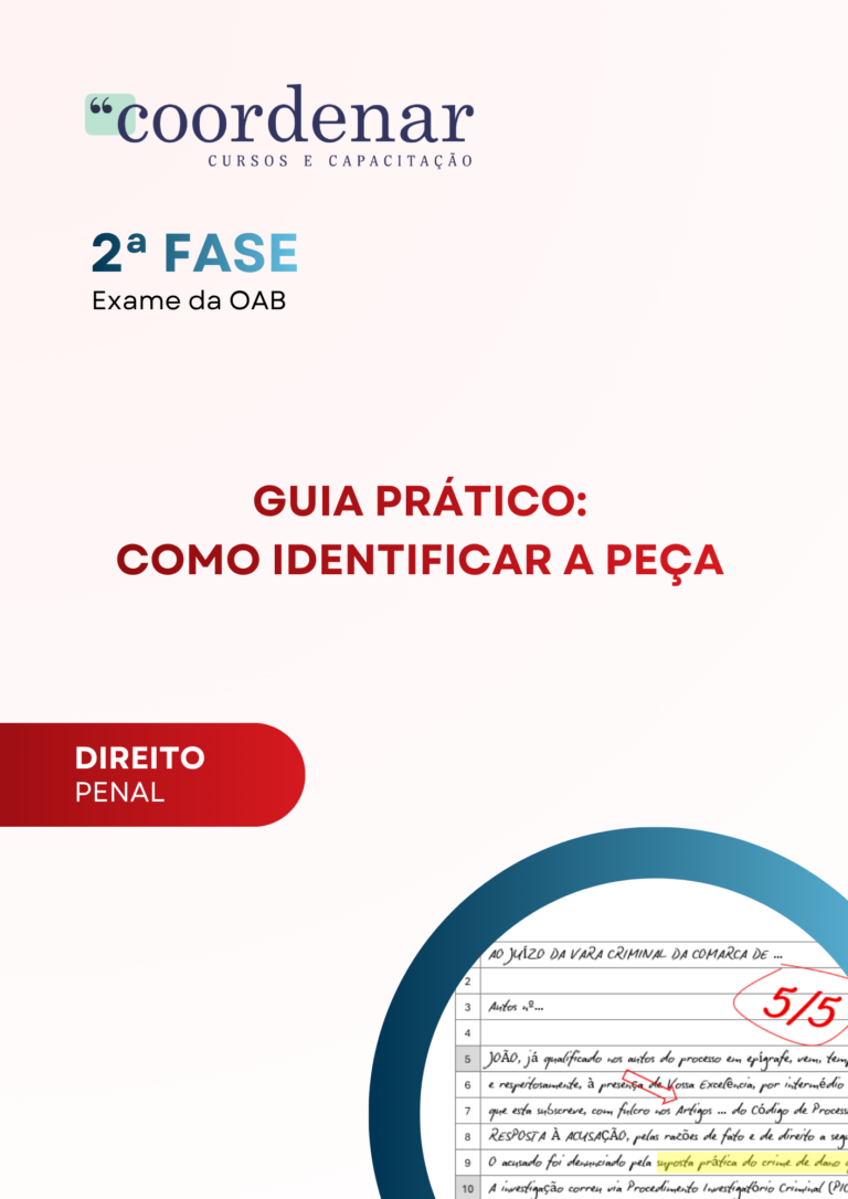 Capa: material de estudo para 2ª fase do Exame da OAB focado em Direito Penal, apresentando guia prático para identificar peças jurídicas. Design inclui logo da Coordenar, título em azul e vermelho, e ilustração de uma prova com nota 5/5 no canto inferior direito.